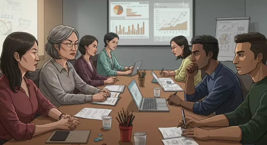Diverse team in meeting, reviewing data charts, making decisions. Business strategy.