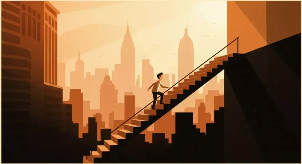 Person climbing stairs towards city skyline. Leaving comfort zone illustration.