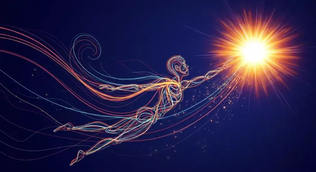 Person reaching for a bright star, symbolizing building confidence.