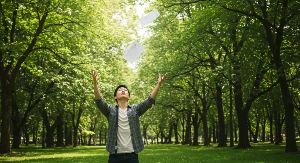 Man throws to-do list in air. Stress-free, ditching task lists, outdoor park setting, achieving freedom.