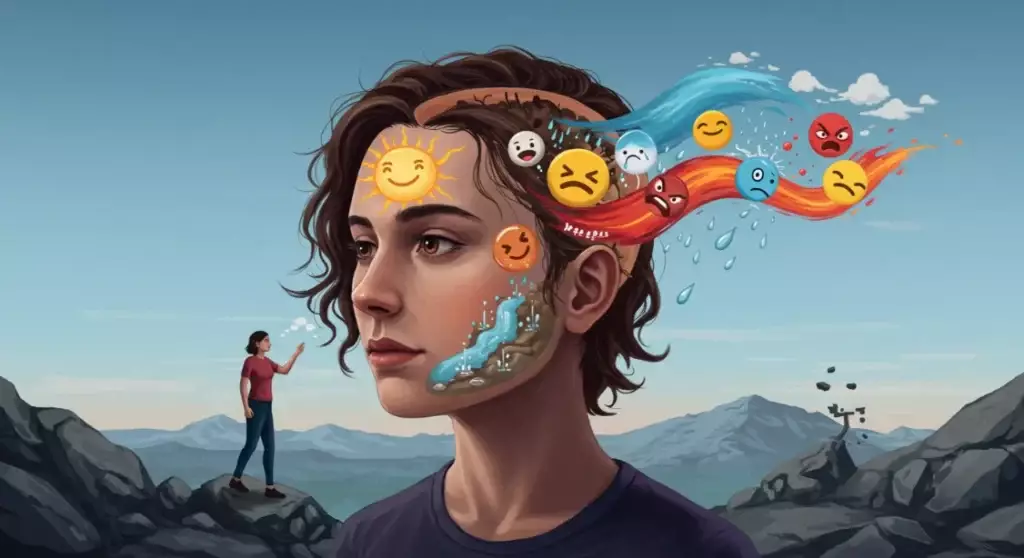 Emotional Intelligence: Woman's head with emotion icons representing feelings and thoughts.