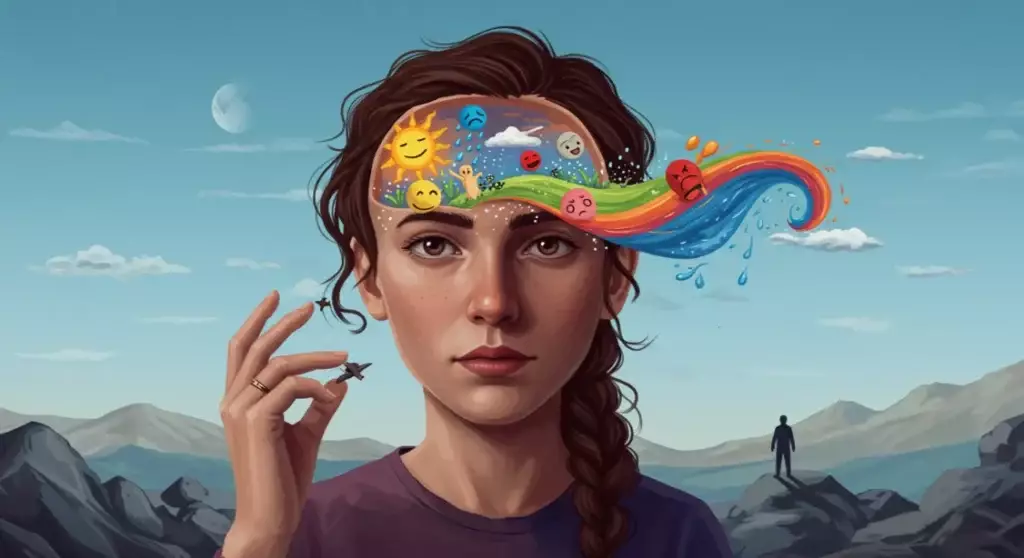 Emotional Intelligence illustration. Woman with emotions visualized within her head.