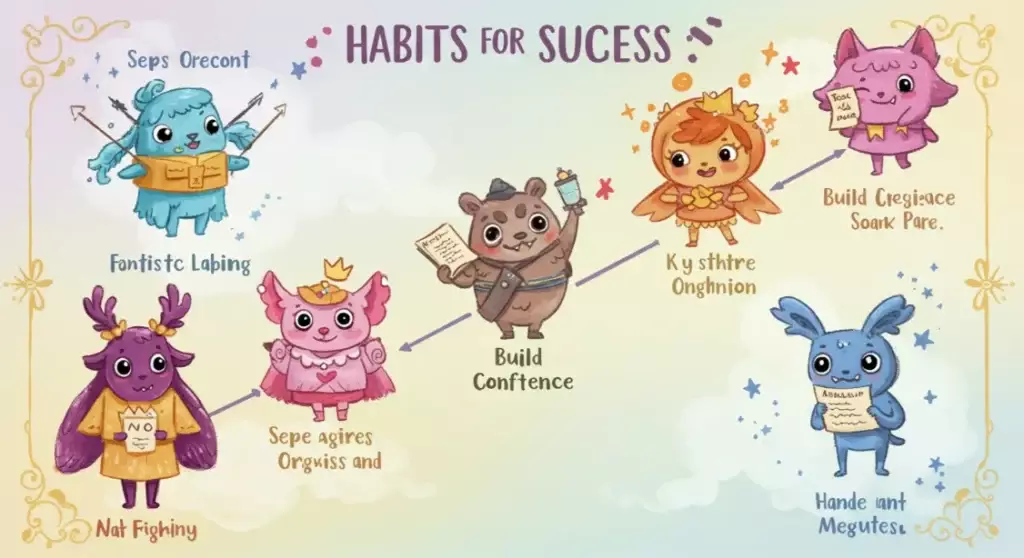 Habits for Success infographic with cute monsters illustrating a journey to achieve goals.