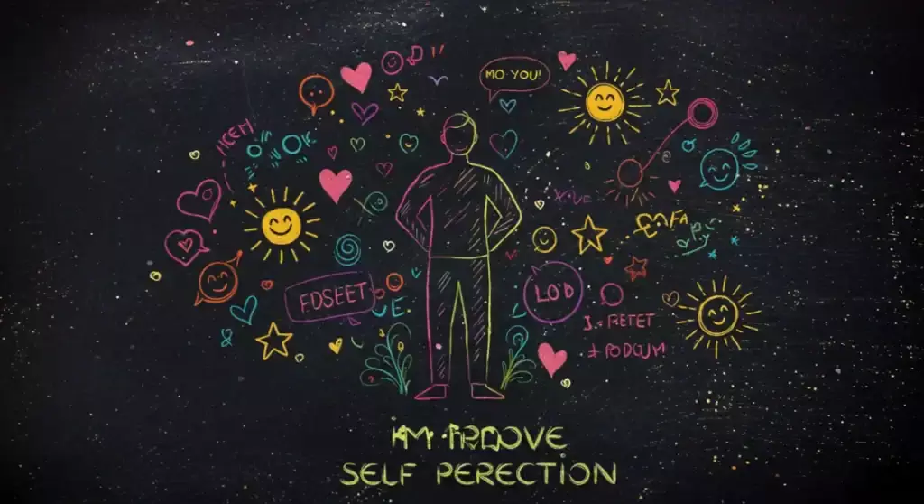 Chalkboard art: Person surrounded by hearts, stars, and positive messages. Improve self-perception.