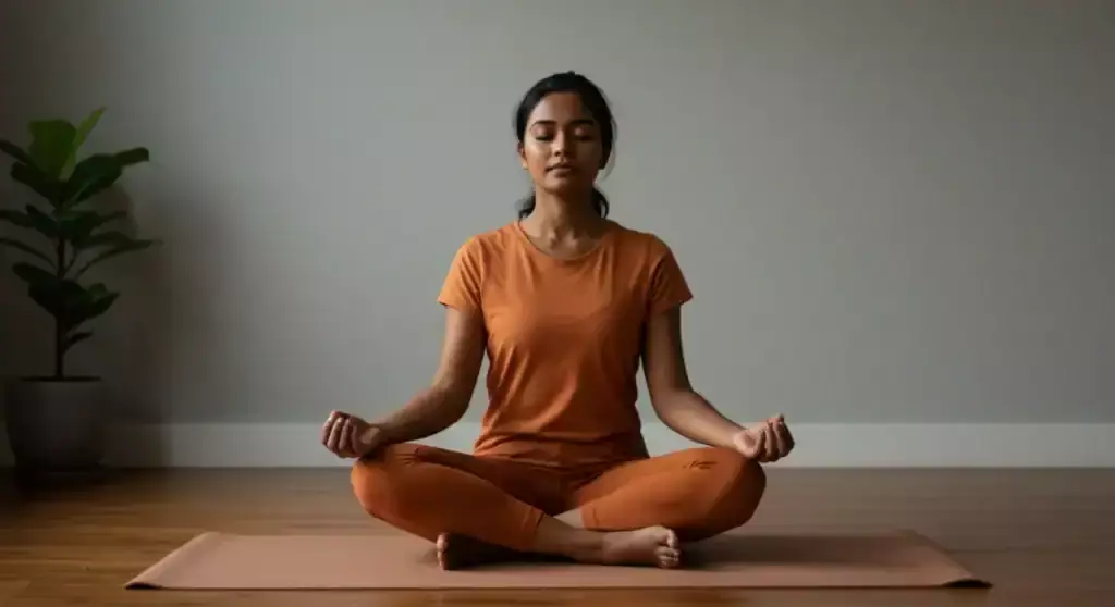 Woman meditating in lotus pose. Stress management technique.