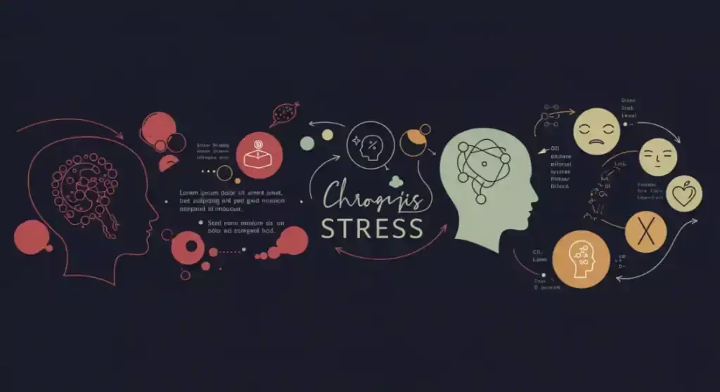 Managing Chronic Stress: Head illustration showing stress factors & solutions.