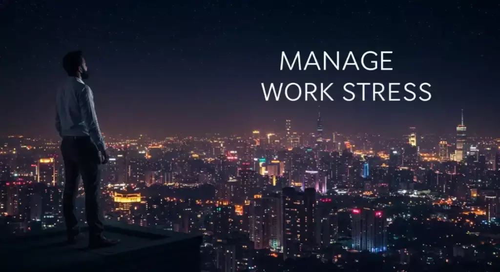 Man on rooftop overlooking city at night. Manage work stress concept.