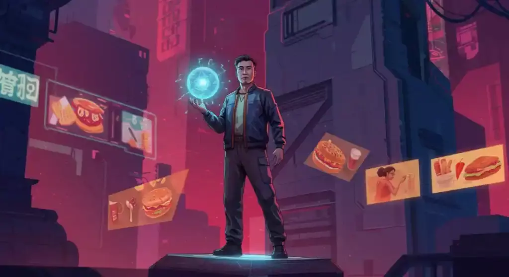 Cyberpunk man controls cravings with energy ball. Self-discipline concept.