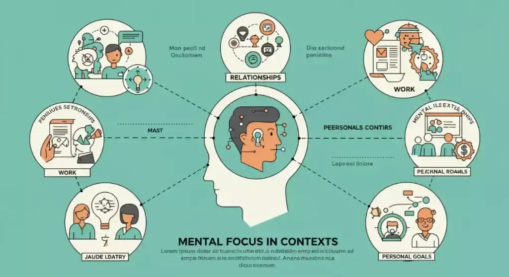 Self-Improvement infographic: Head with connections to relationships, work, & personal goals.