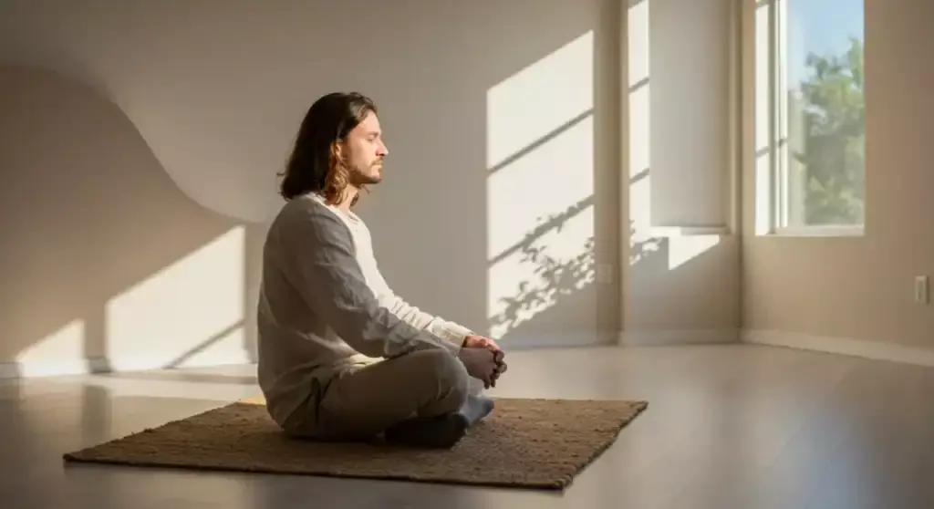 Man meditating for productivity in sunlight filled room. Mindfulness practice.