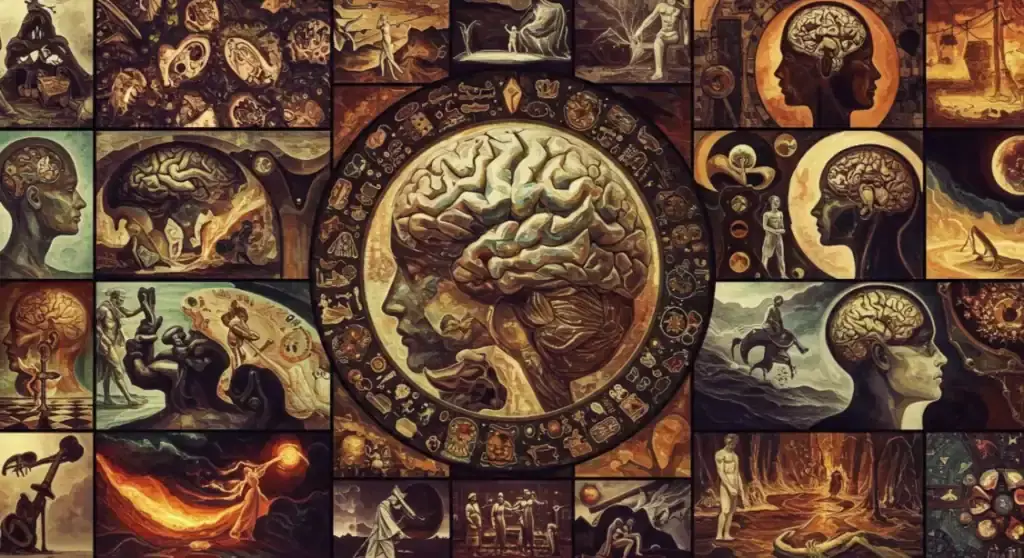 Mental Evolution 5: Collage depicting human brain development, history, and knowledge.