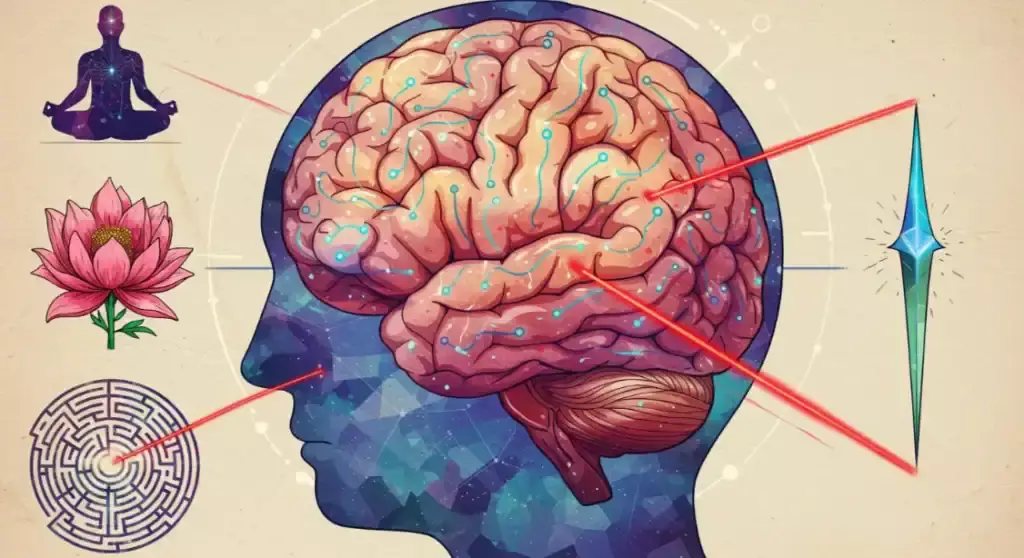 Mental health concept: Brain with circuits, meditation, lotus, maze, and crystal.