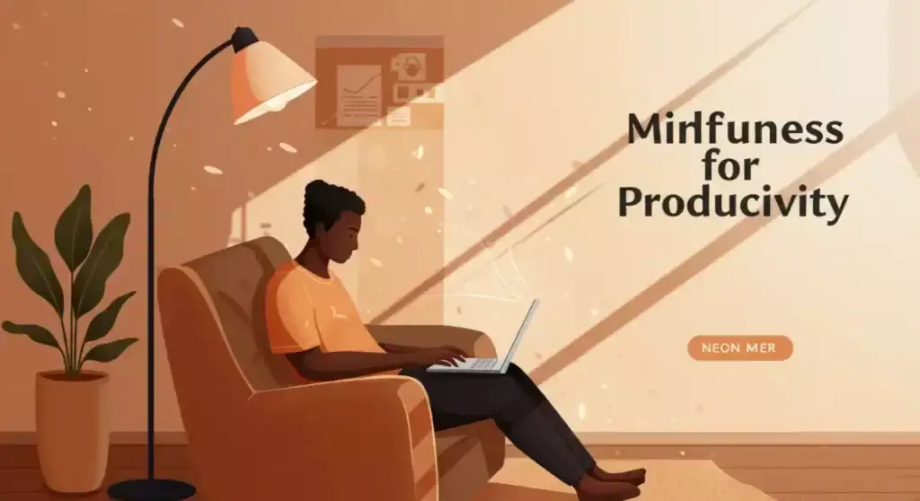 Mindfulness for Productivity: Person working on laptop in a cozy chair. Calm working environment.