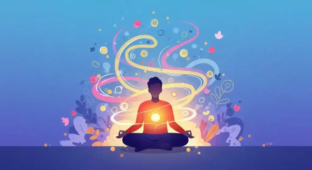 Mindfulness for productivity: Person meditating with energy and floral elements.