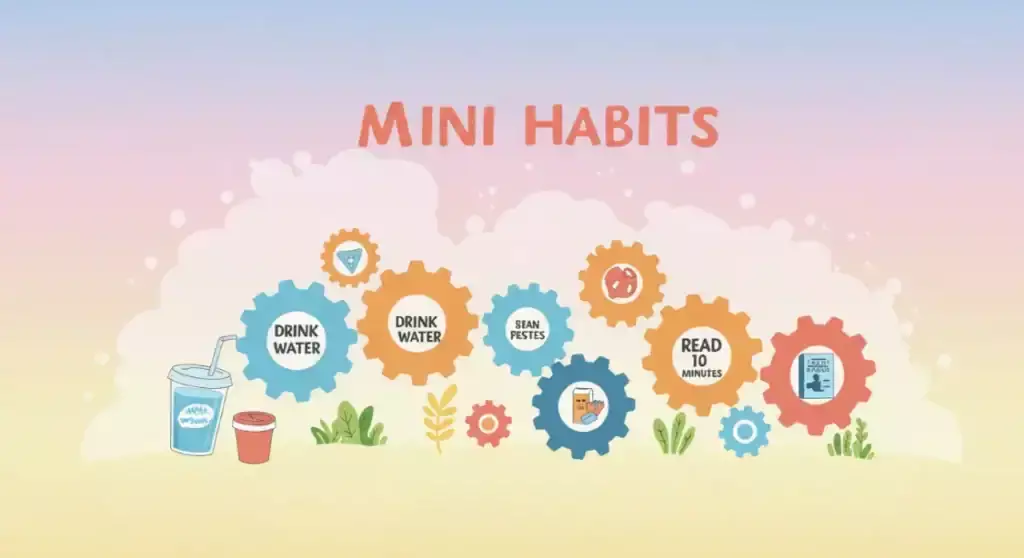 Mini habits illustration: Drink water, Sean Pestes, read 10 minutes, and other small steps.