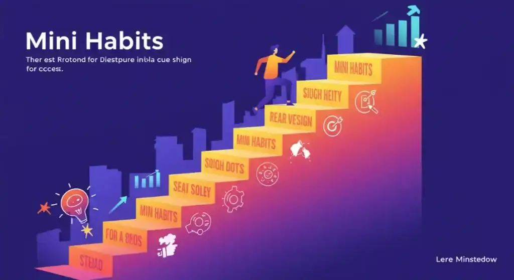 Mini Habits infographic showing steps to success, person climbing upward.