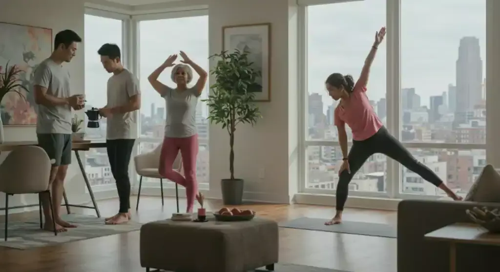 People doing yoga and making coffee in a modern apartment with city view.