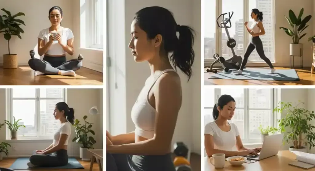 Woman's morning routine: meditation, workout, and work. Success habits.