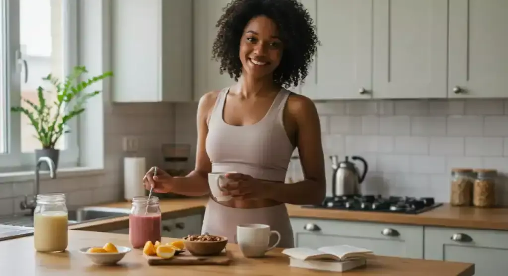 Woman enjoys healthy morning routine with smoothie, coffee, and book.