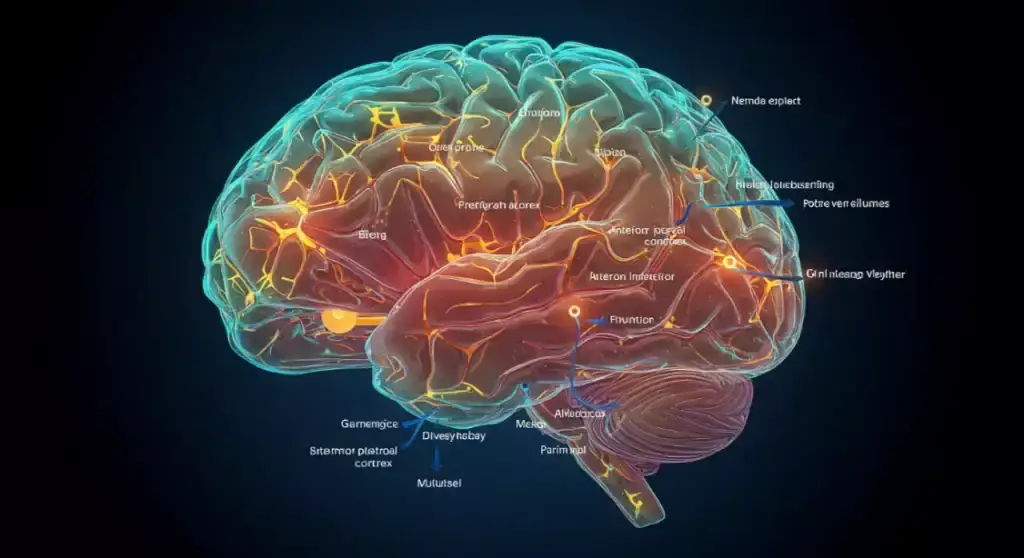 3D render of a human brain highlighting neural pathways. Neuroscience of Focus.