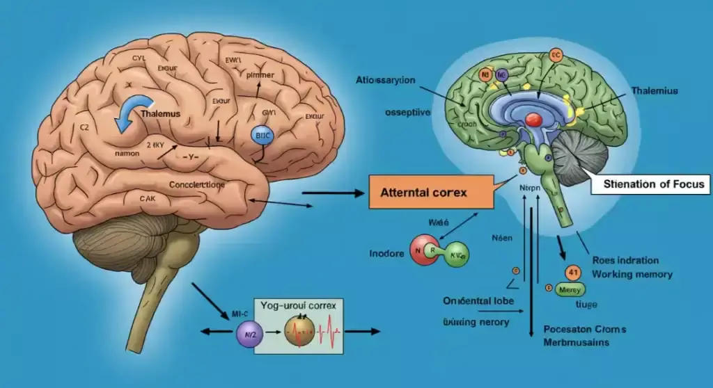 Brain diagram illustrating neuroscience of focus, showing key areas & processes.