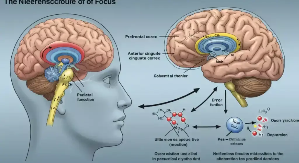 Brain diagram illustrating neuroscience of focus with key regions labeled.