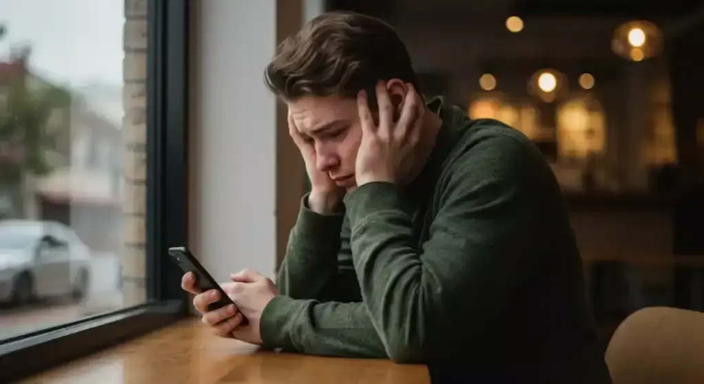Worried man looking at phone, feeling FOMO near a window.