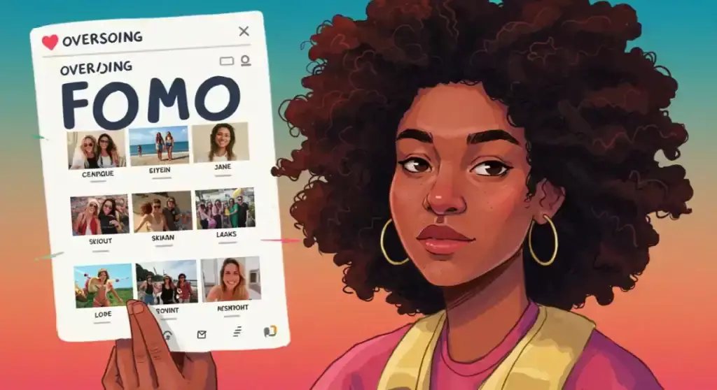 Woman looking at social media FOMO.