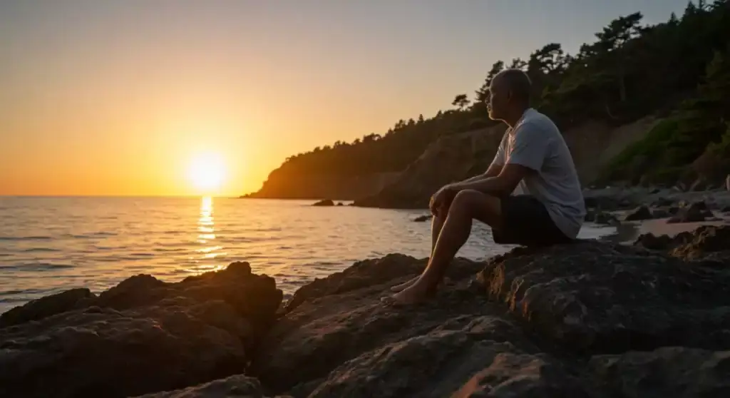 Man sits on rocks, watching ocean sunset. Overcome FOMO.