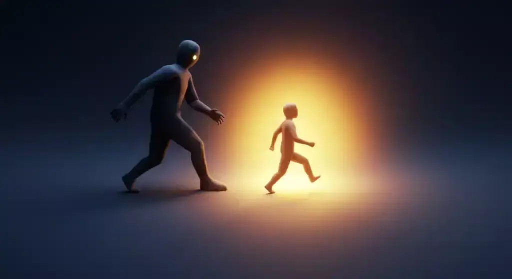 Chasing dreams. Figurative image of person overcoming fear to pursue a glowing opportunity.
