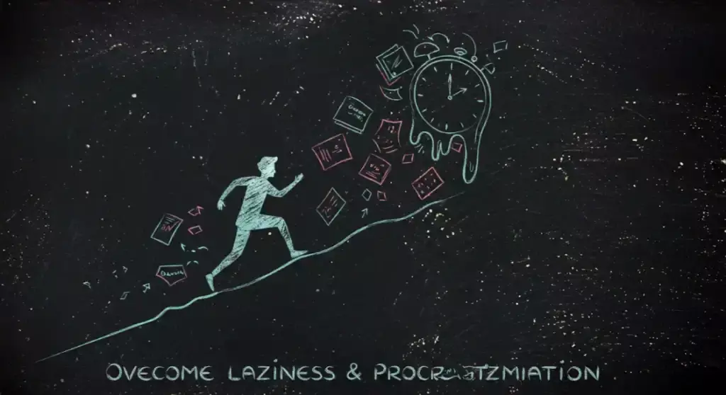 Overcome Laziness: Man running from melting clock and tasks. Beat procrastination now!