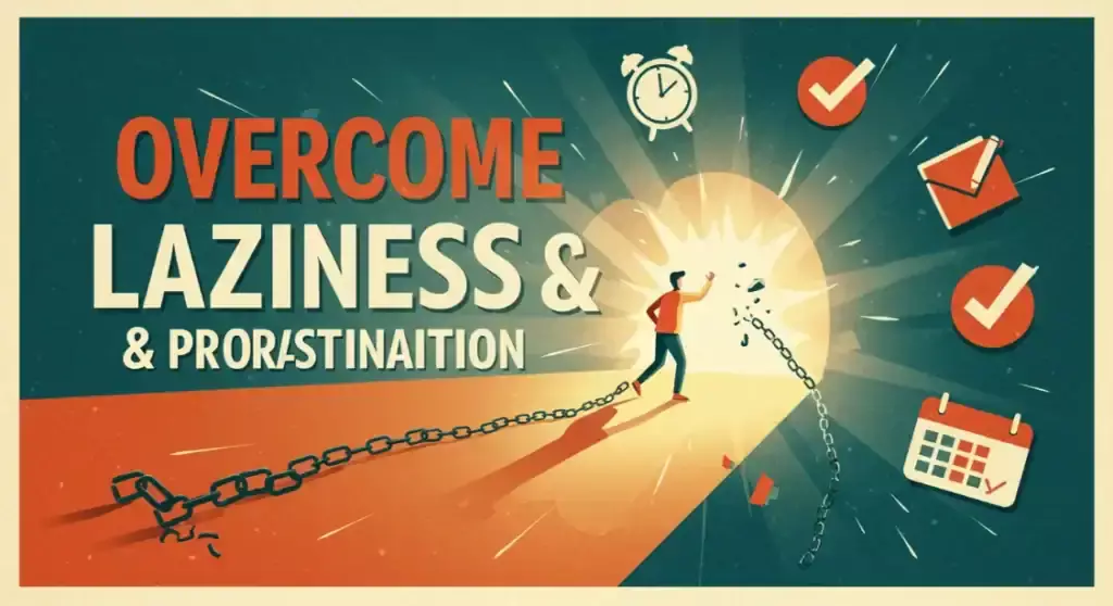 Overcome Laziness and Procrastination: Man breaking free from chains, walking toward bright light. Productivity concept.