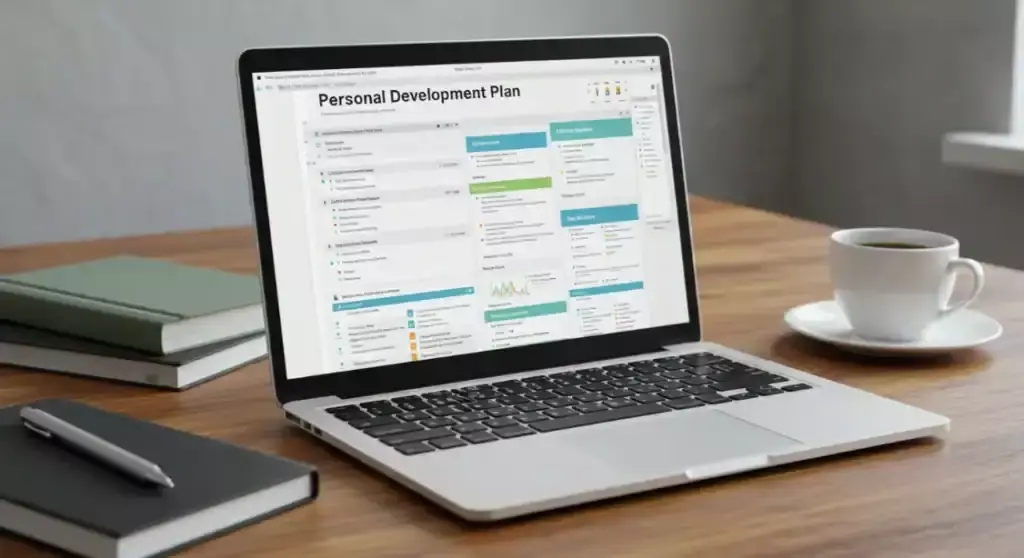 Personal Development Plan on laptop. Career growth, goals, skills improvement concept.