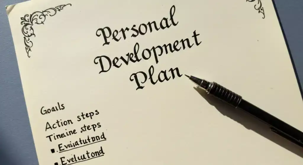 Personal Development Plan: Goals, Action Steps, Timeline, Evaluation. Pen on planner.